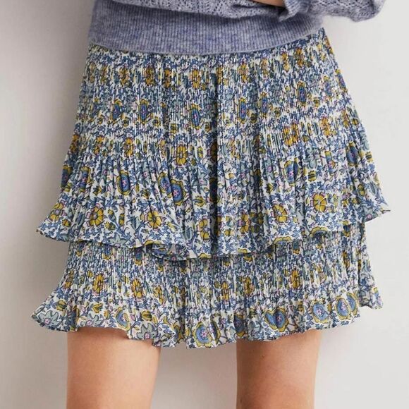Boden Plisse Mini Skirt Blue Floral Size 8 - Picture 1 of 9